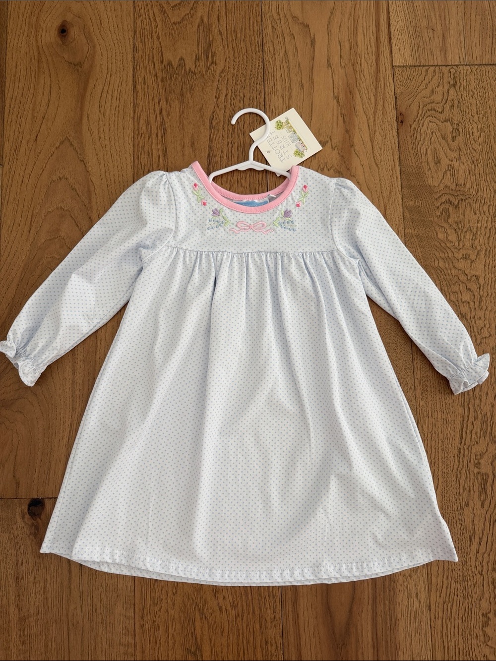 NWT Girls' White Dress/Nightgown with Pink Trim and Floral Embroidery